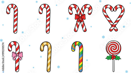 Colorful vector collection of Christmas candy canes and lollipop designs with bows, holly leaves, and holiday decorations