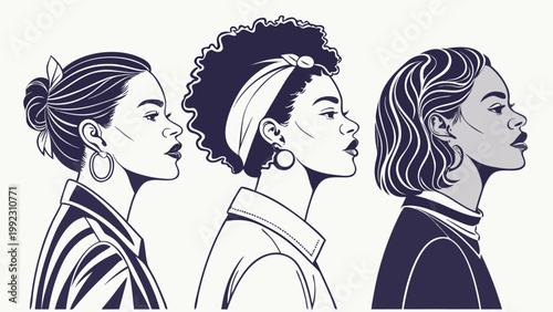 Vector illustration of diverse women profiles in side view with profiles diversity portrait illustration