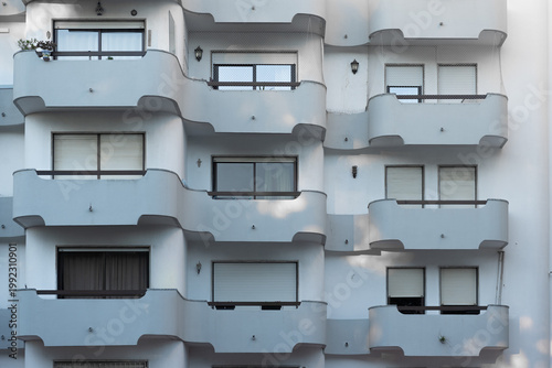 Close-up view of art deco building concrete balconies