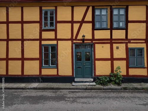 Close-up detail of half-timbered house facades in Ystad