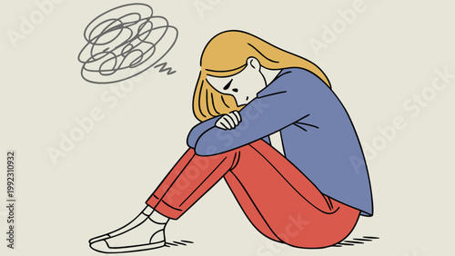 Vector illustration of a sad woman sitting on the floor with tangled thoughts depression confusion isolated