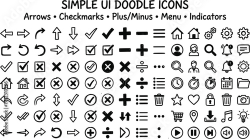 Simple UI Doodle Icon Set Collection Featuring Arrows Checkmarks Plus Minus Menu Indicators Editable Vector Interface Icons Pack