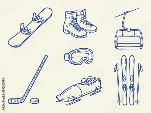 Winter Sports Equipment Collection Hand Drawn Illustration.