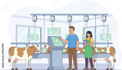 Milking Parlor, Cow Milking Station, Dairy Farm Illustration, Veterinary Care Vector