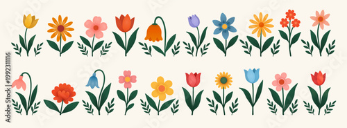 Set of field and garden flowers with twigs on a beige background. Design elements for greeting cards, invitations, flower banners. Vector EPS 10.