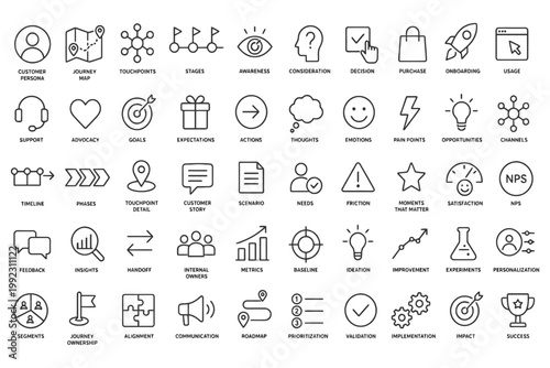Business icons representing customer experience and strategy concepts.