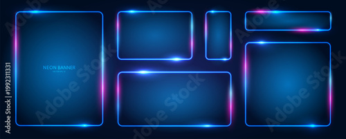 Set of rectangular neon banners of different sizes with glowing effects and illumination on a dark background. Futuristic modern neon glowing banners. Vector EPS 10.