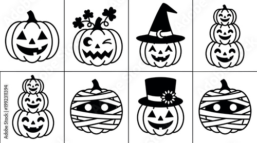 Black and white halloween pumpkin icons with witch and mummy hats