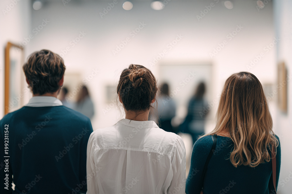 Obraz premium Contemporary Women Art - People Observing Artworks in a Gallery with Focus and