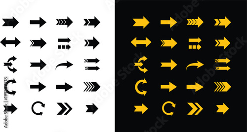 Arrow icons collection black and yellow variations for directional design