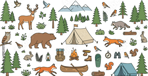 Forest Camping Wildlife Doodle Icon Set Collection Featuring Deer Bear Fox Tent Trees Hiking Adventure Editable Vector Nature Icons Pack