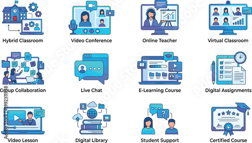 Online Education E Learning Flat Icon Set Collection Featuring Virtual Classroom Video Conference Digital Library Student Support Editable Vector Icons Pack
