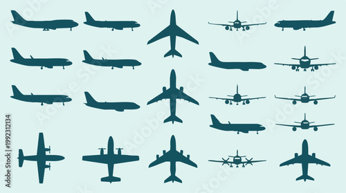 Collection of various airplane silhouettes on a light background