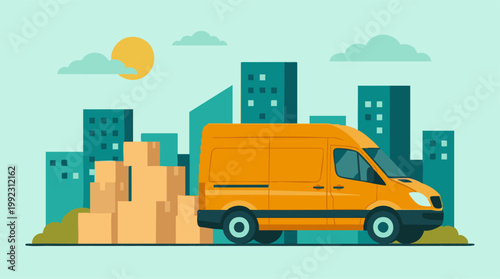 Orange Delivery Van with Cardboard Boxes in a Modern City Scene