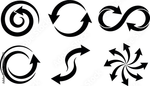Black circular arrow spiral and infinity loop vector icons with swirl and curved shapes