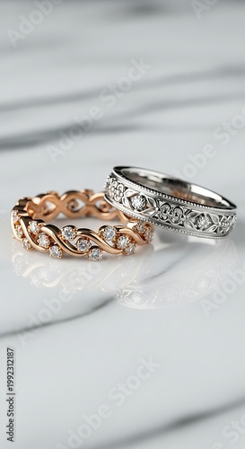 Two exquisitely detailed metal bands featuring embedded clear gemstones rest upon a reflective white stone surface.