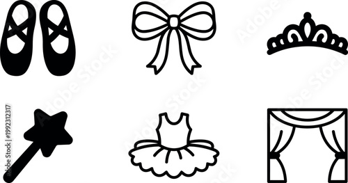 Black and white ballet shoes bow tiara magic wand tutu and curtain icons