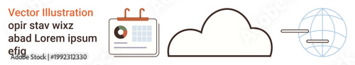 Cloud computing, data storage, networking, digital transformation, global communication, schedule management. Calendar, cloud and globe with connection lines. Cloud computing and data storage