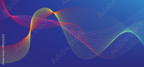 Abstract flowing colorful lines on a deep blue background, digital art, smooth curves, wave motion