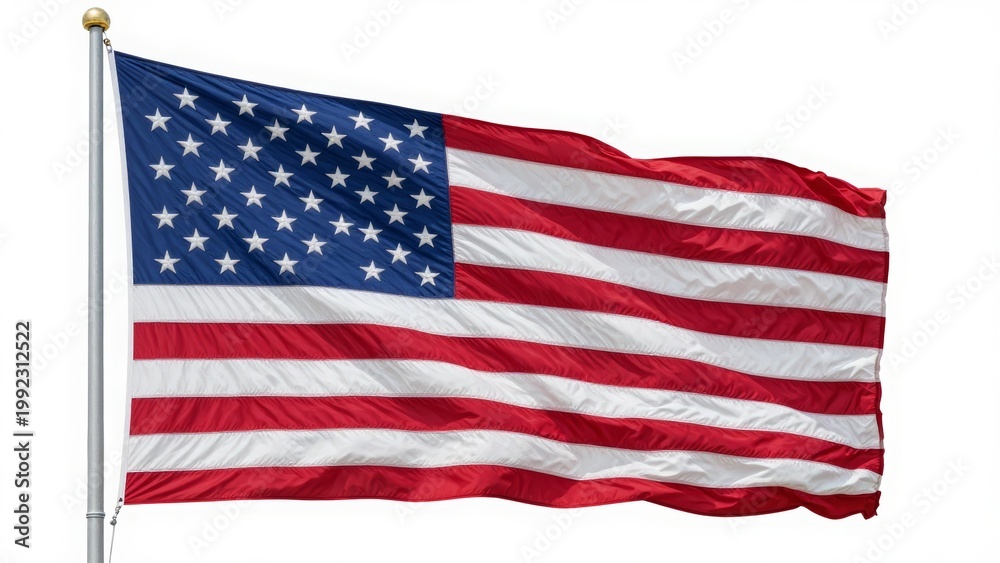Fototapeta premium American Flag Waving on Flagpole Isolated on White Background - USA Stars and Stripes