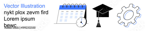 Education, time management, academic planning, scheduling, achievement, productivity. Calendar with clock, graduation cap gear icon. Education and time management