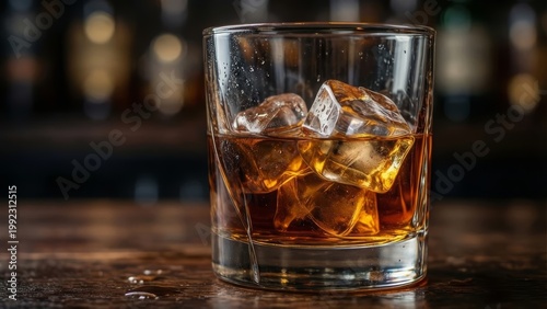 Glass of Whiskey with Ice Cubes on a Wooden Bar Table - Amber Alcohol Drink Close-up