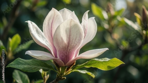 Close-up of White and Pink Magnolia Flower Blooming in Spring Garden