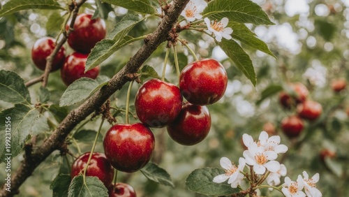 Ripe Red Cherries and White Blossoms on a Tree Branch - Close-up of Fruit and Flowers in Garden