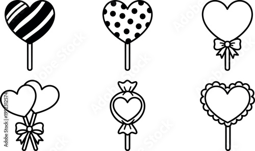 Black and white heart shaped candy and lollipops line art collection