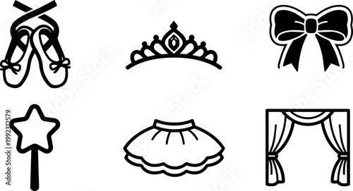 Black and white ballet accessories including slippers crown bow magic wand tutu and stage curtain line art