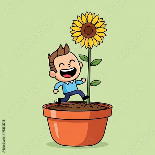 Joyful cartoon boy running around a tall sunflower growing in a terracotta pot