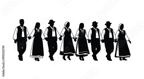 Silhouettes of men and women dressed in traditional folk costumes holding hands and performing a cultural dance.