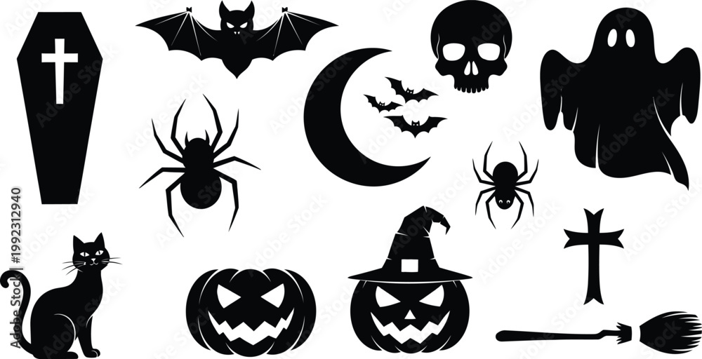 Obraz premium A collection of spooky halloween silhouettes including ghosts bats and pumpkins