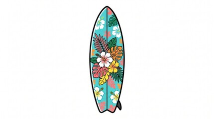 Single surfboard clipart standing upright, decorated with subtle tropical patterns and hibiscus accents
