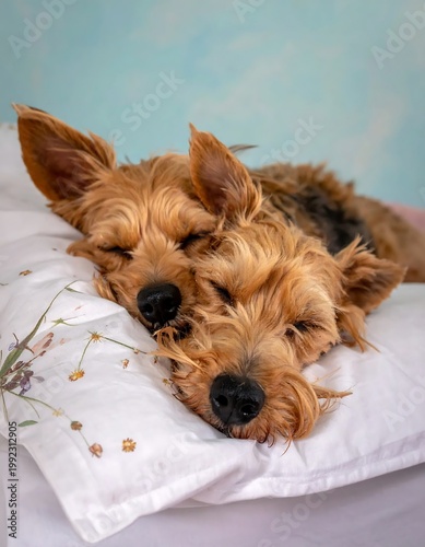 Two Tan Australian Terrier Dogs Sleeping Peacefully On A White Floral Pillow Close Up With Soft Blue Background