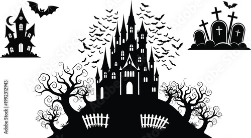 Spooky halloween scene featuring a castle bats graveyard and trees