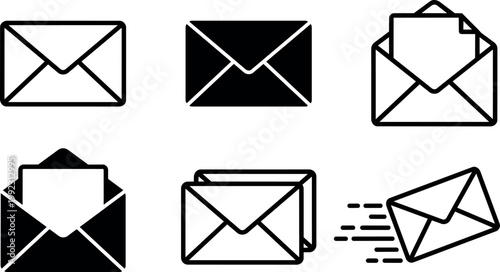 Black and white envelope icons mail messages set vector art