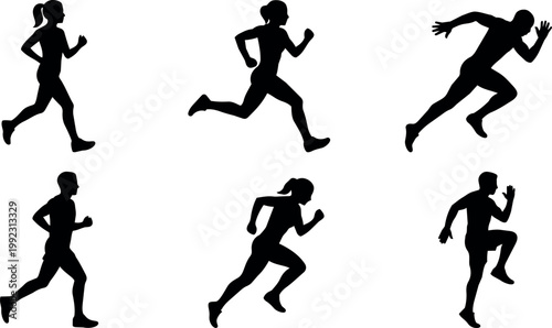 Black silhouette runners sprinting and jogging in dynamic poses vector art