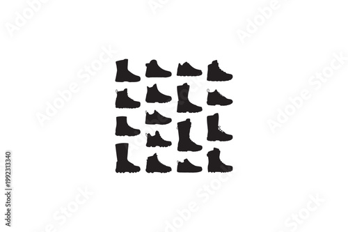 Mountain boots various style vector silhouette black color image with white color background.
