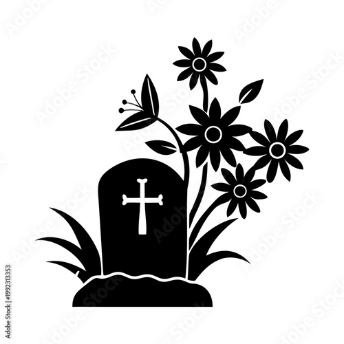 Floral arrangement at gravesite with flowers and tombstone featuring cross design. Flowers complement gravestone, creating a serene atmosphere for remembrance and reflection.