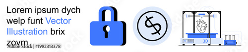 Security, financial systems, 3D printing, technology innovation, manufacturing, digital processes. Blue lock, dollar symbol 3D printer. Security and financial systems concepts