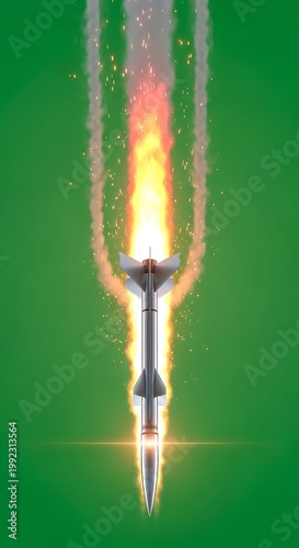 Missile Launch with Fiery Trail Against Green Background.