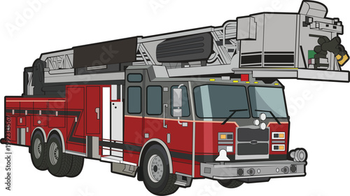 Modern Fire Truck Aerial Ladder Truck Illustration – Flat Vector Fire Engine Design