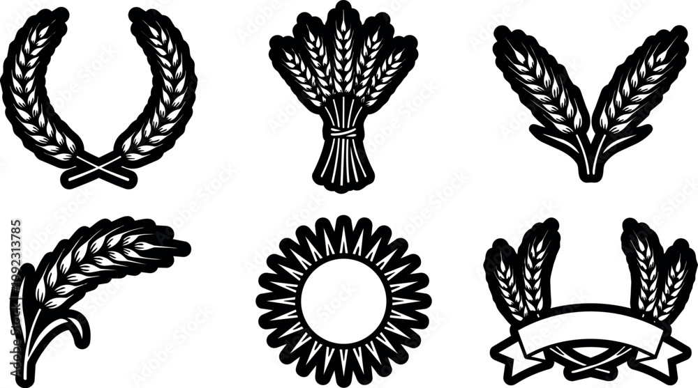 Fototapeta premium Black wheat ear wreaths and sheaf vector art icons set