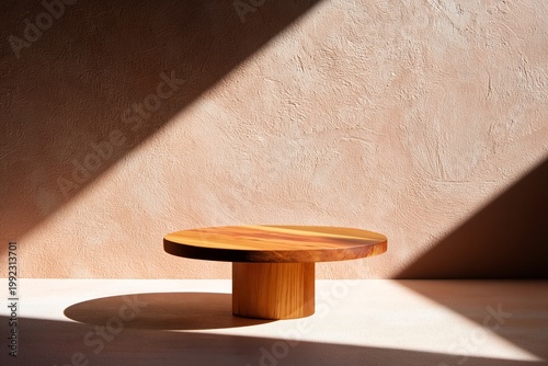 Sunlight Casting Shadows on a Wooden Surface With a Round Plate in a Simple Indoor Setting