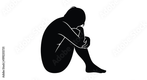 Silhouette illustration of a person sitting in a fetal position, expressing concepts of depression, sadness, and isolation.