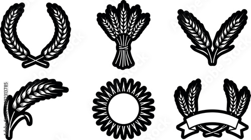 Black wheat ear wreaths and sheaf vector art icons set