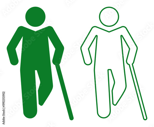 Person with a mobility impairment icon pair in green, outlined and filled, accessibility symbol. Ideal for accessibility, mobility assistance, or disability support design.
