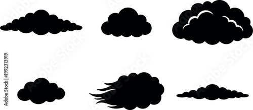 Black silhouette cloud shapes set with diverse rounded contours and one fiery tail vector art
