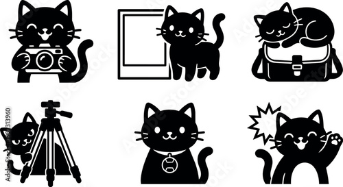 Black cat holding camera and other playful cat icons vector art
